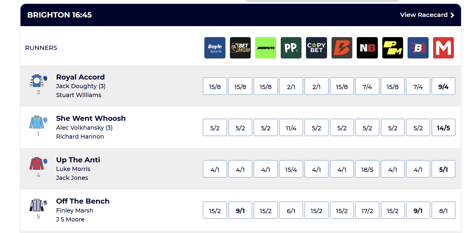 A screenshot showing a horse racing odds comparison website