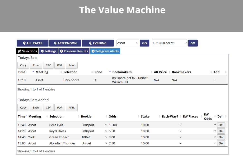 The Value Machine software interface