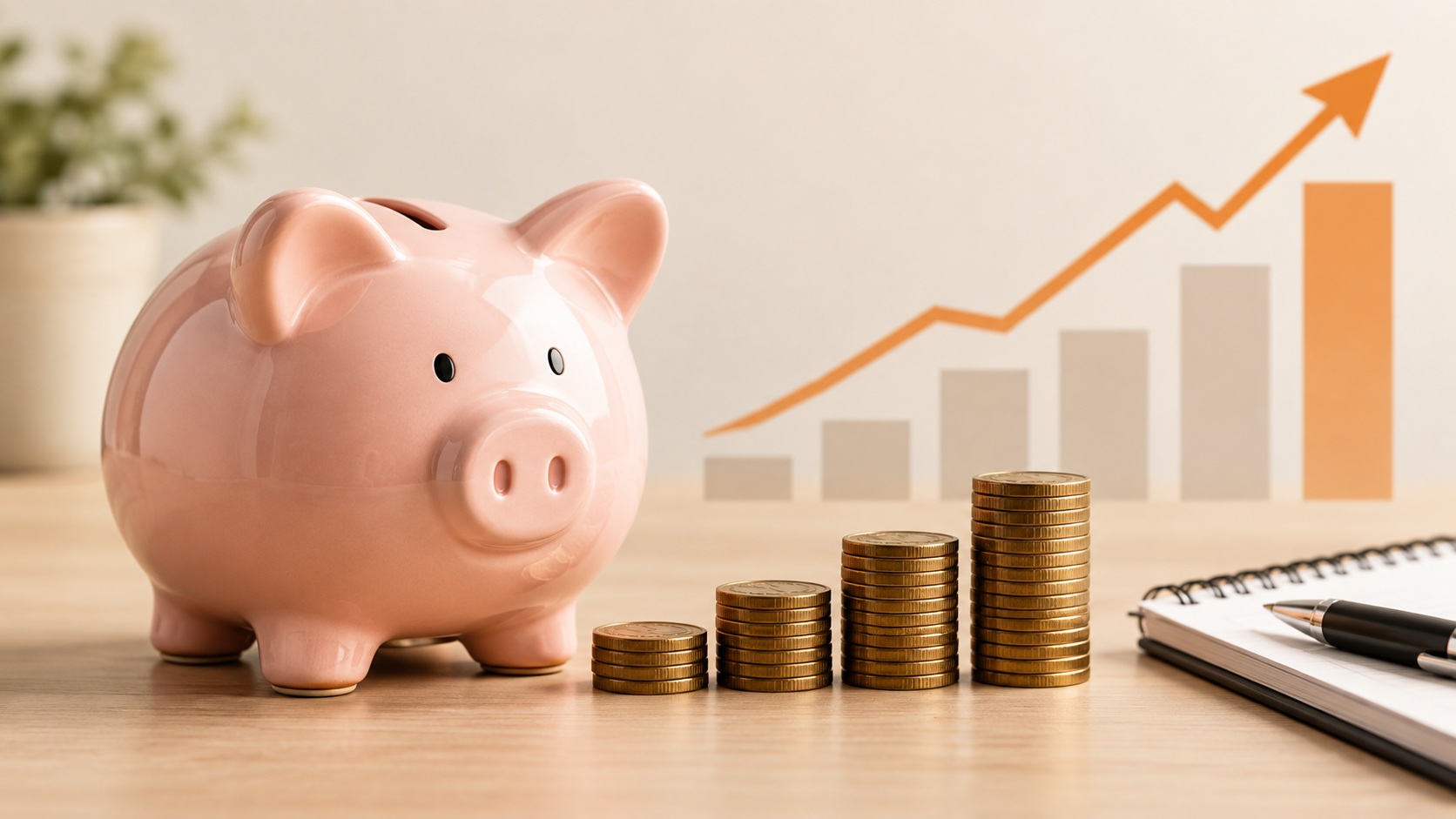 piggy bank with stacks of coins going up in height and profit graph in the background